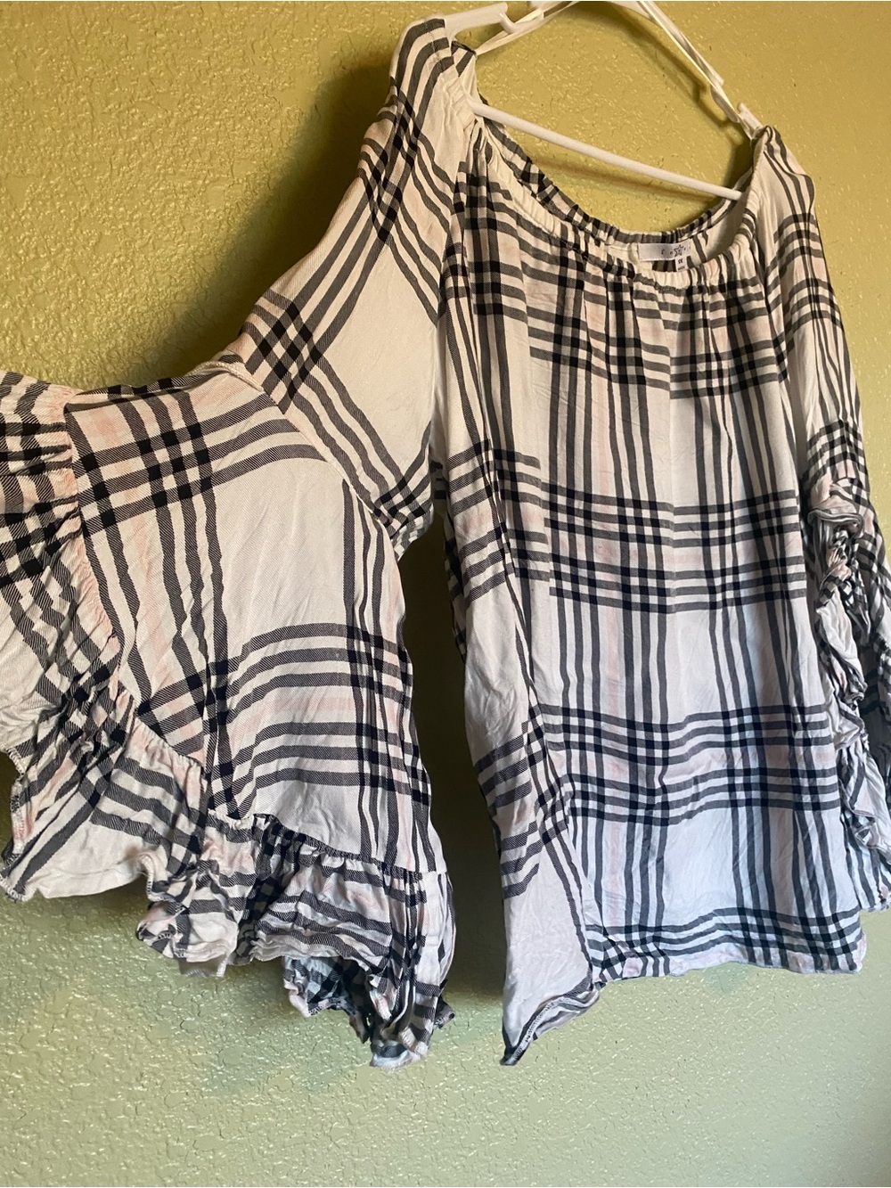 Fever White Plaid Off-Shoulder Top with Ruffle Sleeves